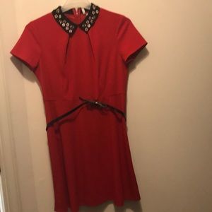Embellished Peter Pan collar Red Dress